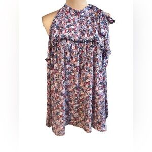 Belle sky NWT Red Blue Floral Print Cold Shoulder Tie Neck Ruffle Top Large